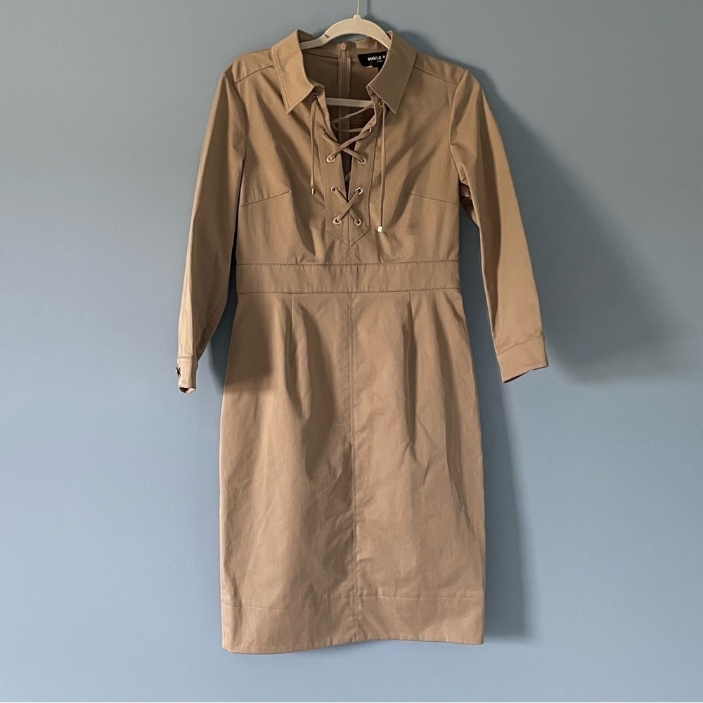 New! Paule Ka Paris Robe lace-up short sleeve sheath Dress beige 18422